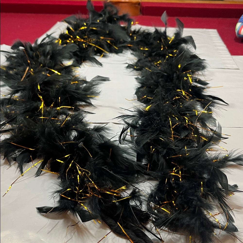BLACK feather BOA 72” long, GOLD metallic stands real feathers no flaws dressy